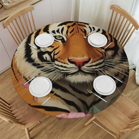 BANET Chinoiserie Animal Tiger Round Tablecloth Pink Green and Turquoise Floral Colorful Cloth Round Cover Waterproof Table Decor for Kitchen Party Picnic Dining 38"-42
