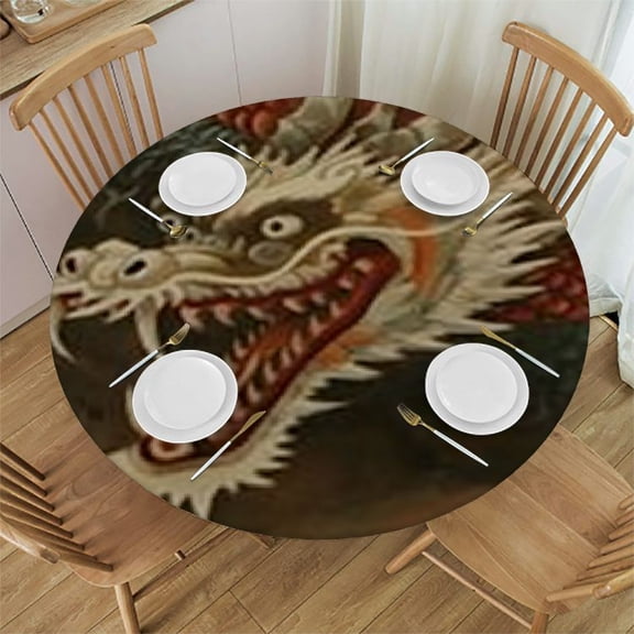 BANET Chinoiserie Dragon Gold Round Tablecloth Cloth Round Cover Waterproof Stain and Wrinkle Resistant Table Decor for Kitchen Party Picnic Dining 46"-50