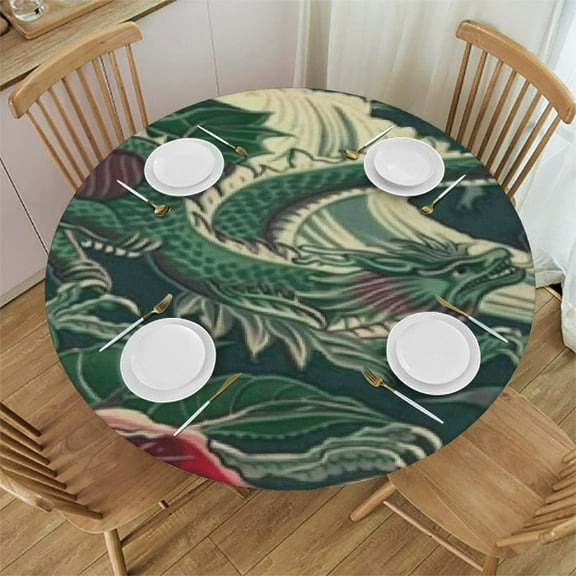 BANET Chinoiserie Nympheus Round Tablecloth Aqua Teal Cloth Round Cover Waterproof Washable Table Decor for Dining Table Buffet Parties and Camping 31"-35