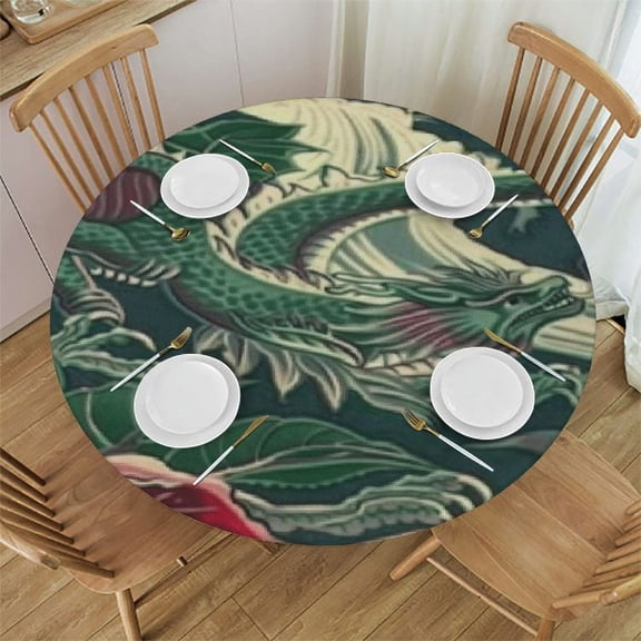 BANET Chinoiserie Nympheus Round Tablecloth Aqua Teal Cloth Round Cover Waterproof Washable Table Decor for Dining Table Buffet Parties and Camping 38"-42
