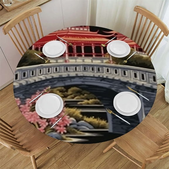 BANET Chinoiserie Pagoda Round Tablecloth Charcoal Coral Cloth Round Cover Waterproof Washable Table Decor for Restaurants Kitchens Banquets 42"-46