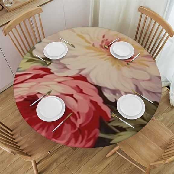 BANET Chinoiserie Pink Roses Round Tablecloth French Romantic Roses Aqua Cloth Round Cover Waterproof Table Decor for Dining Room Buffet Banquet Parties Dinner 38"-42