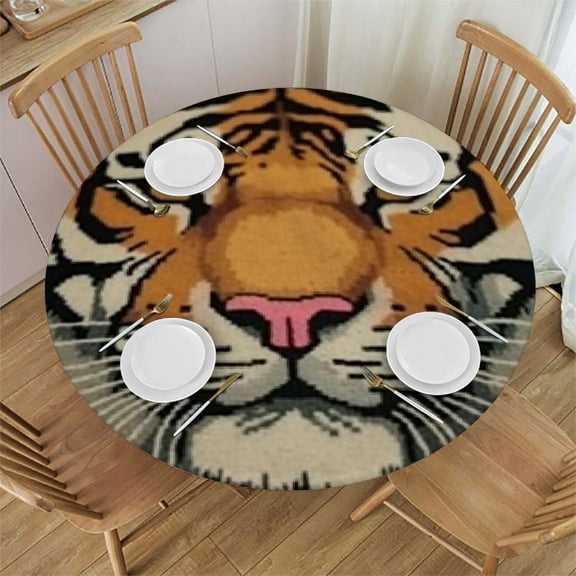 BANET Chinoiserie Tiger Animal Print Round Tablecloth Pink Green and Turquoise Floral Cloth Round Cover Waterproof Table Decor for Dining Table Buffet Parties and Camping 42"-46