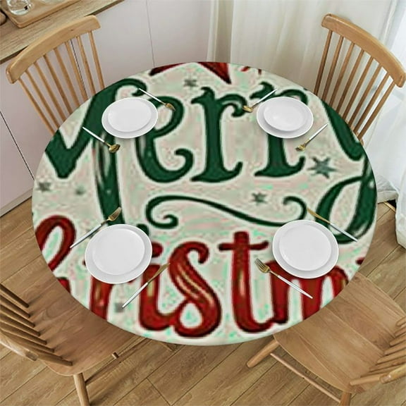 BANET Christmas Round Fitted Tablecloth, Xmas Stars and Snowflakes Backdrop Retro Lettering, for Kitchen Dining, Party, Holiday, Christmas, Buffet, Fits Round Table, Green 42"-46