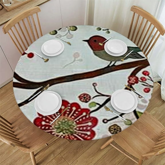BANET Christmas Round Table Cloth, Floral Bird Hat and Scarf on Blooming Tree Nature Inspired, Indoor Dining and Outdoor Use, Fits Round Table, Green 31"-35