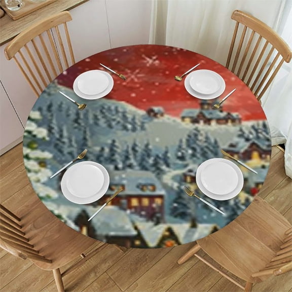 BANET Christmas Santa Round Tablecloths, Snowman Circular Table Cover Washable Polyester for Buffet Table, Parties, Holiday Dinner 31"-35