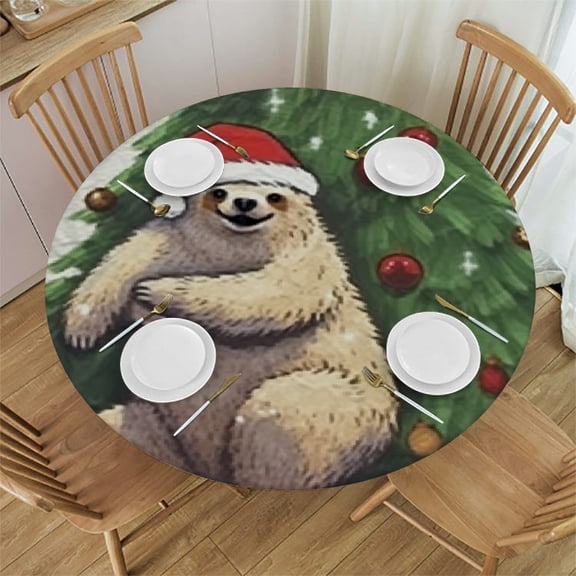 BANET Christmas Sloth Santa Claus Table Cloth Round Cartoon Animals Reusable Tablecloth Waterproof Outdoor Tablecloth Table Cover for Kitchen Party Picnic Dining Decor 42"-46
