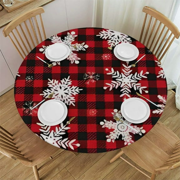 BANET Christmas Snowflakes Checkered Tablecloth with Elastic Edge, Round Table Cloth Xmas Plaid Washable Reusable Table Cover for Kitchen Dining Party Picnic, Medium 38"-42