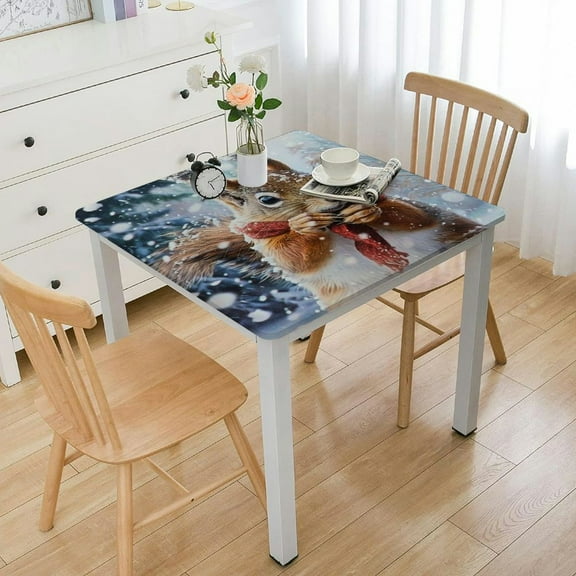 BANET Christmas Square Tablecloth Fitted Table Cover, Elastic Tablecloths Waterproof Outdoor Indoor Stretch Cloth Tablecover for Dinner, Party, Shower, Forest White