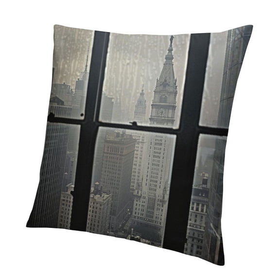 BANET City Throw Pillow Cushion Cover, Rooftop View Through Window Skyline Landmark Rooftop Travel, Decorative Square Accent Pillow Case White