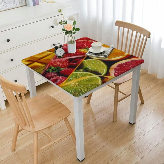 BANET Collage of Fresh Summer Fruit Square Fitted Tablecloth, Elastic Edge, Waterproof Elastic Table Cover, Table Cloth for Home Outdoors Decorate white