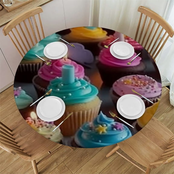 BANET Colorful Happy Birthday Cupcakes Print Round Tablecloth ,WashableTable Cloth Decorative Table Cover for Dining Table Camping 38"-42