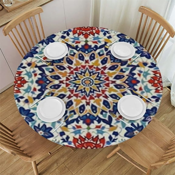 BANET Colorful Mandala Tablecloth, Vintage Turkish Style Indian Blue Red Print Round Table Cloth Cover for Home Dining Room Kitchen Decor, Round 42"-46