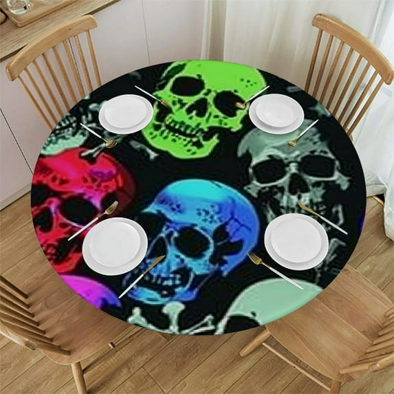 BANET Colorful Skull Spooky Round Table Cloth Happy Halloween Theme Polyester Tablecloth Waterproof Tablecloth Table Cover for Kitchen Outdoor Party Picnic 54"-58