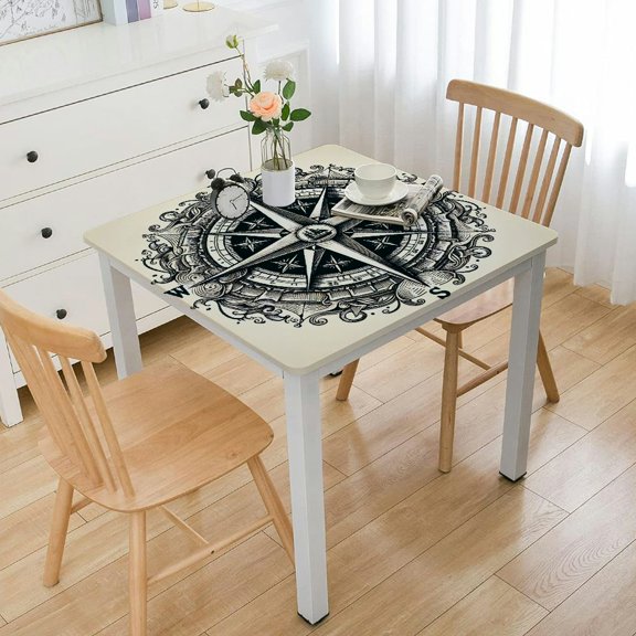 BANET Compass Tablecloth, Compass Illustration Navigating Marine Instrument Antique Group Artwork Print, Rectangular Table Cover for Dining Room Kitchen Decor White