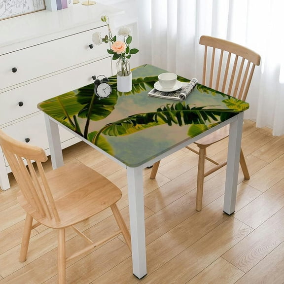 BANET Country Style Square Tablecloth Cotton Linen Burlap Garden Light Green Leaves Printed Banana Palm Tree Home Kitchen Decor for Dinning Room Canvas Feeling Cloth Art Table Cover White