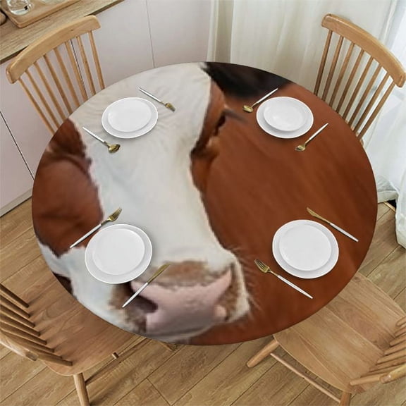 BANET Cow Print Tablecloth Round Vinyl Spring Table Cloths for Parties Waterproof Fabric Brown Animal Print Tablecloths Decorative for Holiday Home Party Wedding Picnic 46"-50