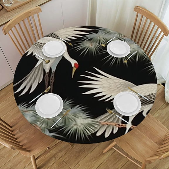 BANET Crane Round Tablecloth,Asia Bird Japanese Animal Water Resistant Polyester Table Cloth Decorative Table Cover for Kitchen, Dining Desk,Party,Holiday 31"-35