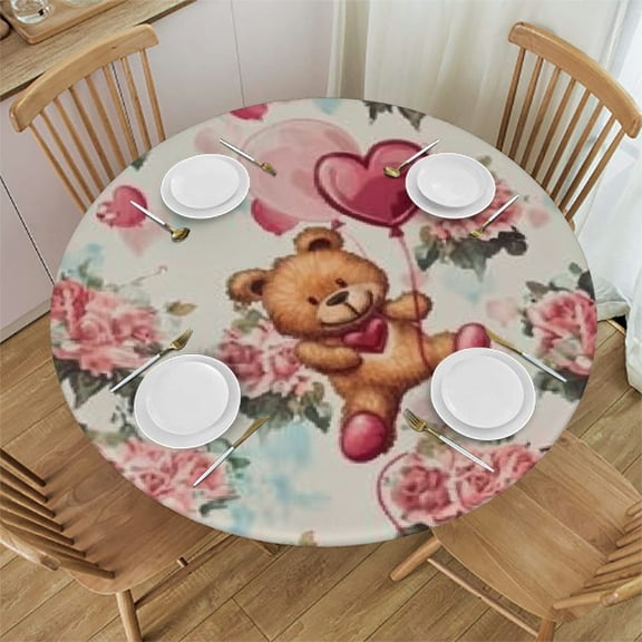 BANET Cute Valentines Pink Gnome Table Cloth Round Reusable Tablecloth Waterproof Outdoor Tablecloth Table Cover for Kitchen Party Picnic Valentines Decorations 42"-46