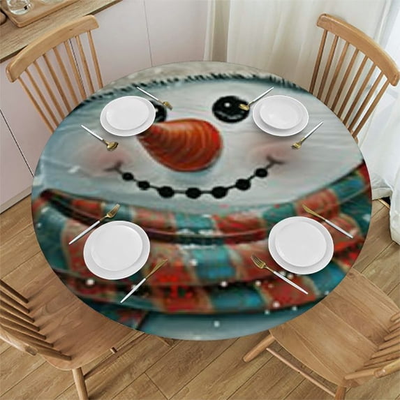 BANET Cute Winter Snowman Tablecloth with Elastic Edge, Round Table Cloth Washable Reusable Table Cover for Kitchen Dining Party Picnic 46"-50