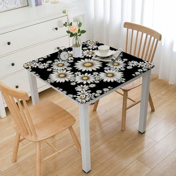 BANET Daisy Floral Tablecloth, Waterproof Table Cover for Kitchen Dinning Party Tabletop Decoration Rectangle Table Cloth, White Flowers Black