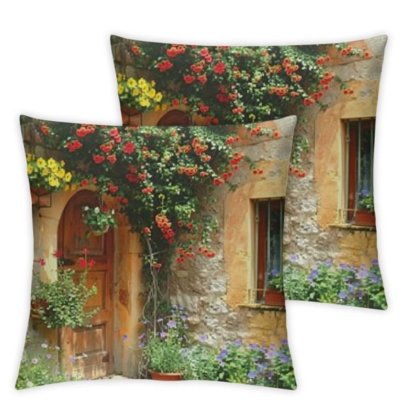 BANET Decorative Case Pack of 2, Blossoms in Box Window Wooden Shutters Romagna Italy, , Orange White 12x12in