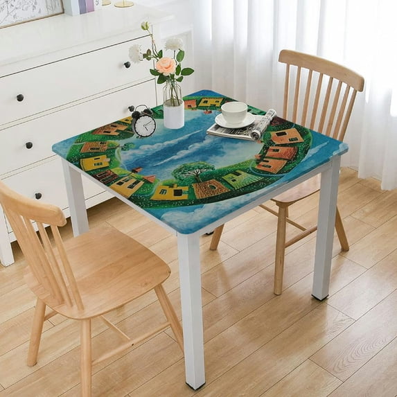 BANET Decorative Elastic Edged Polyester Fitted Table Cover, Decor Indoor Outdoor Square Fitted Tablecloth,Small Town Surrounded by Trees Print Fitted Table Pad, Fit Square Table White