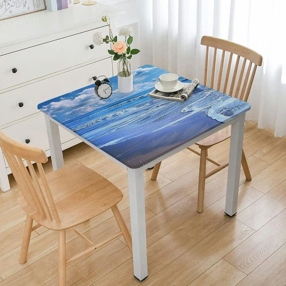 BANET Decorative Elastic Edged Square Fitted Tablecloth,Beach in The Ocean Coast Polyester Indoor Outdoor Fitted Table Cover for Home Kitchen Dining Room Fit Square Table White