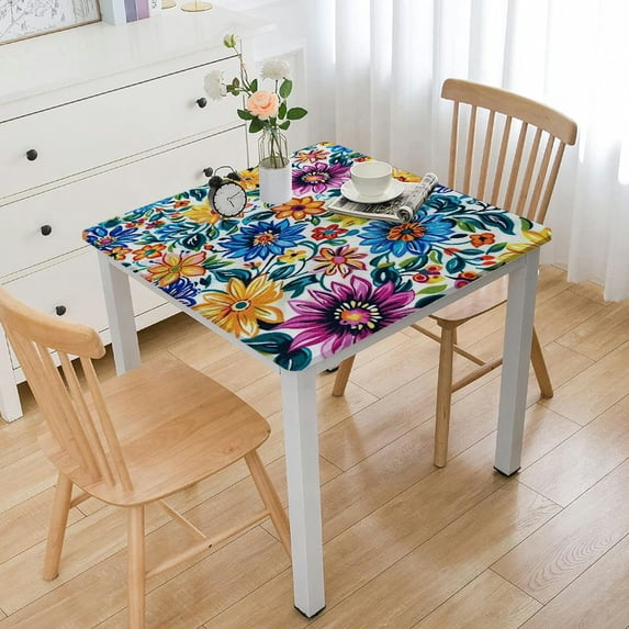 BANET Decorative Elastic Edged Square Fitted Tablecloth, Colorful Foliage Polyester Indoor Outdoor Fitted Table Cover for Home Kitchen Dining Room Fit Square Table White