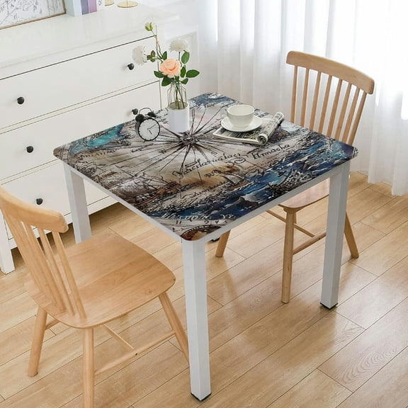 BANET Decorative Elastic Edged Square Fitted Tablecloth,Countries and Kingdoms Polyester Indoor Outdoor Fitted Table Cover for Parties, Weddings, Kitchen Fit Square Table White
