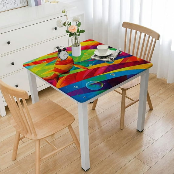 BANET Decorative Elastic Edged Square Fitted Tablecloth, Diving into The Sea Polyester Indoor Outdoor Fitted Table Cover for Dining Room Kitchen Decor Fit Square Table White