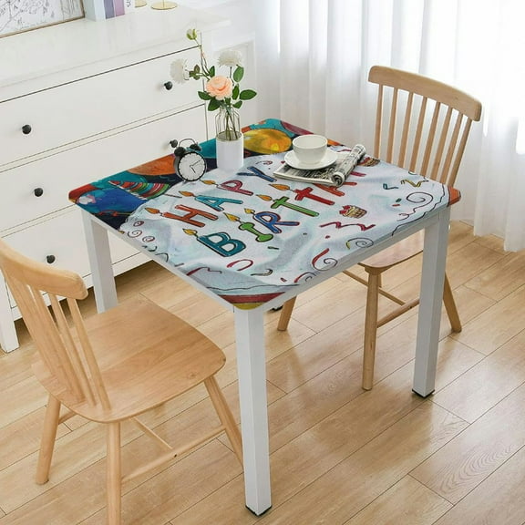 BANET Decorative Elastic Edged Square Fitted Tablecloth,Doodle Sweets Pie Garland Polyester Indoor Outdoor Fitted Table Cover for Home Kitchen Dining Room Fit Square Table White