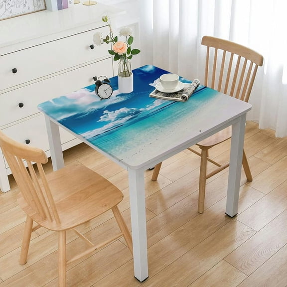 BANET Decorative Elastic Edged Square Fitted Tablecloth,Exotic Ocean Tropic Holiday Polyester Indoor Outdoor Fitted Tablecover for Dining Room Kitchen Decor Fit Square Table White