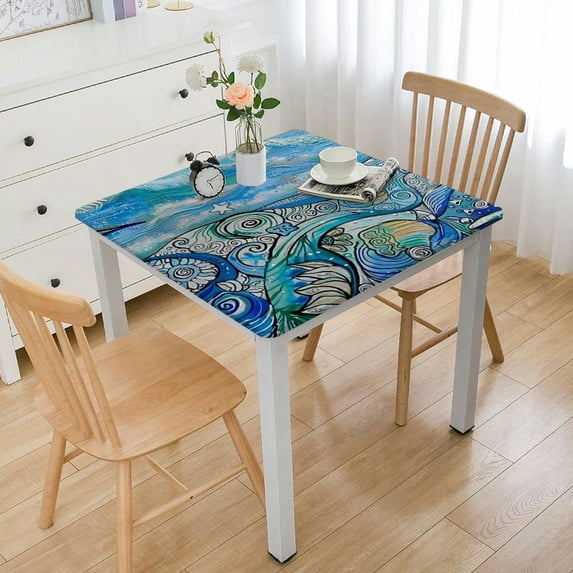 BANET Decorative Elastic Edged Square Fitted Tablecloth,Underwater Wildlife Polyester Fitted Tablecover for Folding Table Camping Fit Square Table White