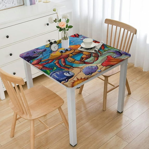 BANET Decorative Elastic Edged Square Fitted Tablecloth,Underwater World Aquarium Polyester Indoor Outdoor Fitted Table Cover for Home Kitchen Dining Room Fit Square Table White