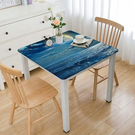 BANET Decorative Elastic Edged Square Fitted Tablecloth, Wavy Ocean Horizon Polyester Indoor Outdoor Fitted Tablecover for Banquet Buffet kitchen Dining and Party Fit Square Table White