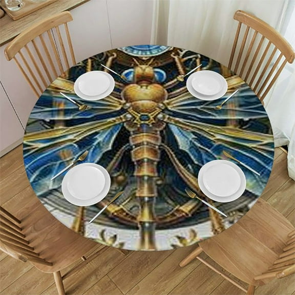 BANET Decorative Round Fitted Tablecloth,Dragonfly Print Elastic Edged Polyester Table Pad,Close Up View of Print Fabric Table Cover, Fits Round Table , for Banquet 54"-58