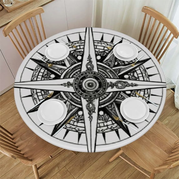 BANET Decorative Round Table Cover Elastic Tablecloth, Compass Polyester Fitted Table Cover Elastic Edged, Hand Drawn Print Fabric Table Cover, Fits Round Table , for Indoor Outdoor 38"-42