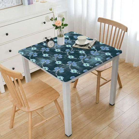 BANET Deluxe Elastic Edged Flannel Backed Vinyl Fitted Table Cover - Fashion Diamond (Blue) Pattern - Fits Square Tables white