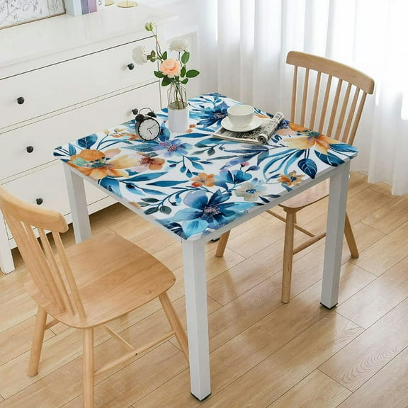 BANET  Deluxe Elastic Edged Flannel Backed Vinyl Fitted Table Cover - Floating Floral Pattern - Square - Fits Square Tables white