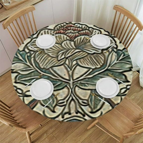 BANET Designer Beige French Tablecloth,Luxury Velvet Italian Floral Pattern Table Cloth for Round Tables,Anti-Fading Table Cover Decoration for Kitchen Parties Thanksgiving Christmas 31"-35
