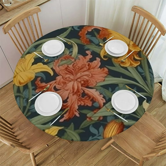 BANET Designer Blue Tablecloth for Round Tables,Luxury Velvet Floral Pattern Tablecloths,Decorative Table for Kitchen Dining Room 54"-58