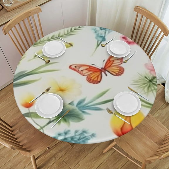 BANET Easter Bunny Table Cloth Colorful Eggs Yellow Purple Floral Decorative Tablecloth Round Spring Flowers Washable Table Cover for Holiday Party Home Kitchen Dinning Room Picnic Decor 54"-58