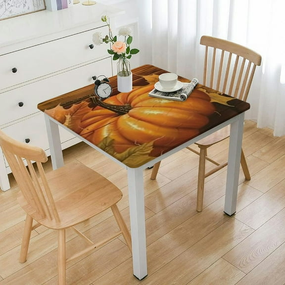 BANET Elastic Edge Fitted Card Table Tablecloth Square, Autumn Pumpkins Pattern Printed on Stain Resistant Polyester Table Cloth, for Family Banquet and Outdoor Patio Use, Fit for Square Table white