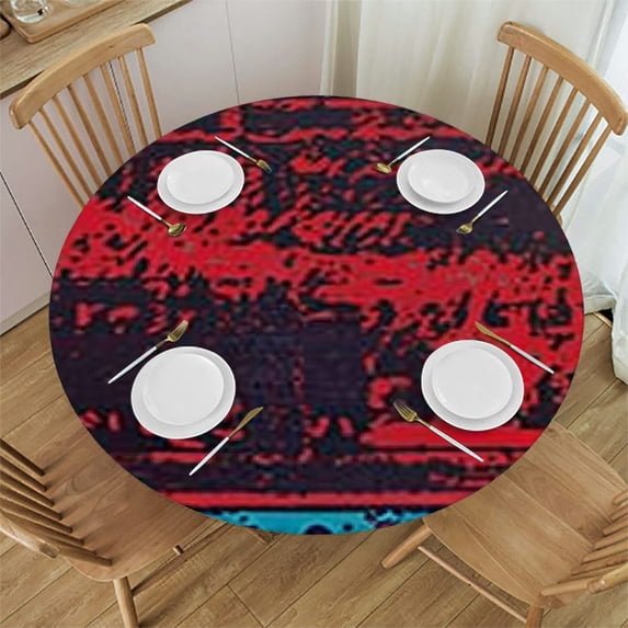 BANET Elastic Edge Fitted Round Tablecloth Design Heavy Aztec Texture Ethnic Pattern Table Cover Waterproof Oil-Proof PVC Table Cloth Stain-Resistant Wipeable for Round Table 42"-46