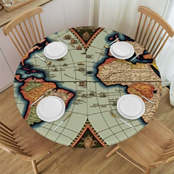 BANET Elastic Edge Fitted Round Tablecloth Design Heavy Vintage Old World Map Table Cover Waterproof Oil-Proof PVC Table Cloth Stain-Resistant Wipeable for Round Table 42"-46