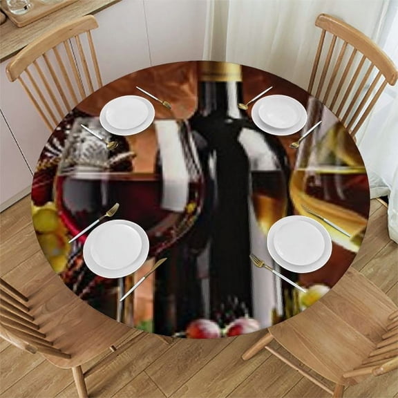 BANET Elastic Edge Fitted Tablecloth Design Heavy Wine Bottles Cups Friut Grapes Table Cover Waterproof Oil-Proof PVC Table Cloth Stain-Resistant Wipeable for Round Table 38"-42