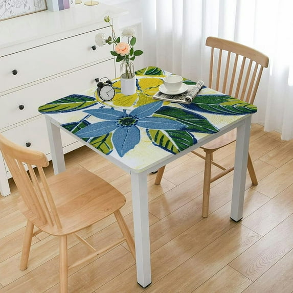 BANET Elastic Edged Flannel Backed Vinyl Fitted Table Cover - Contemporary Lemon Pattern- Fits Square Tables white