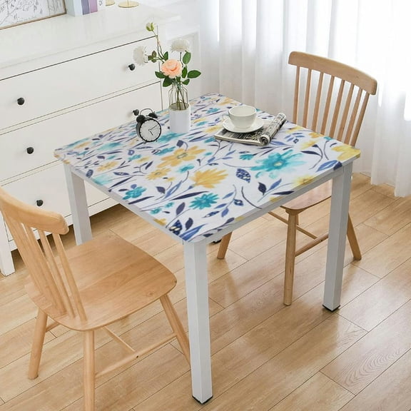 BANET Elastic Edged Flannel Backed Vinyl Fitted Table Cover - Floating Pattern - Small Square - Fits Square Tables white