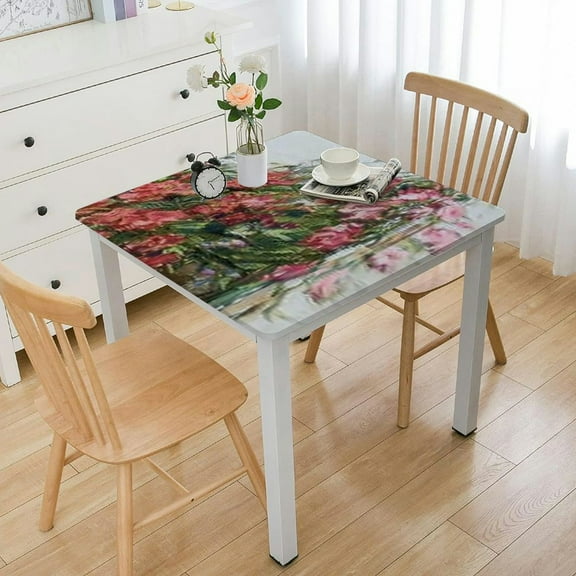 BANET Elastic Edged Polyester Fitted Table Cover for Rectangle Tables Waterproof Lightweight Tablecloth Christmas Flower Print Wrinkle Free Table Cloth White